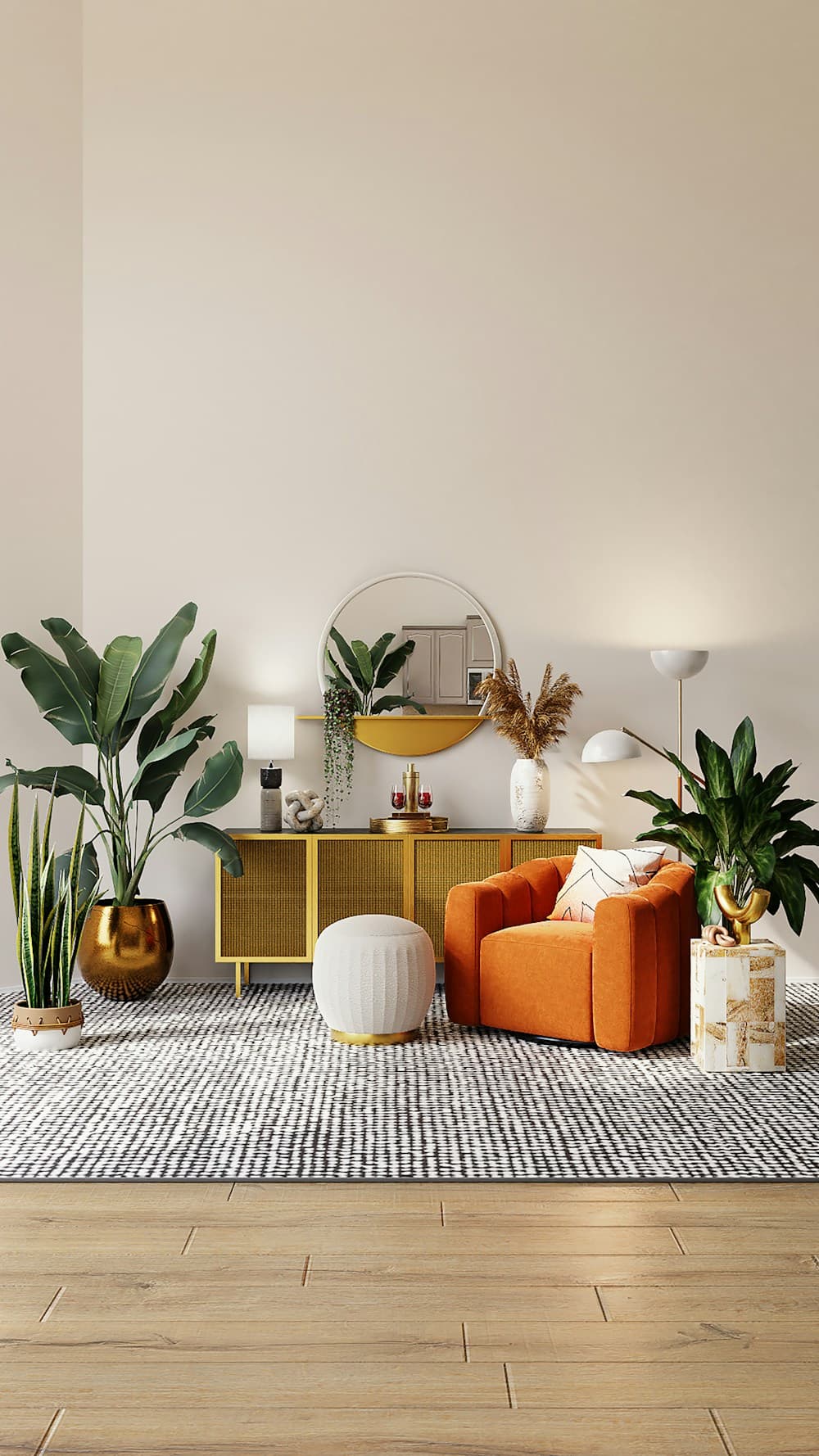 Wohnraum mit orangefarbenem Sessel, Holzkommode und großen Pflanzen