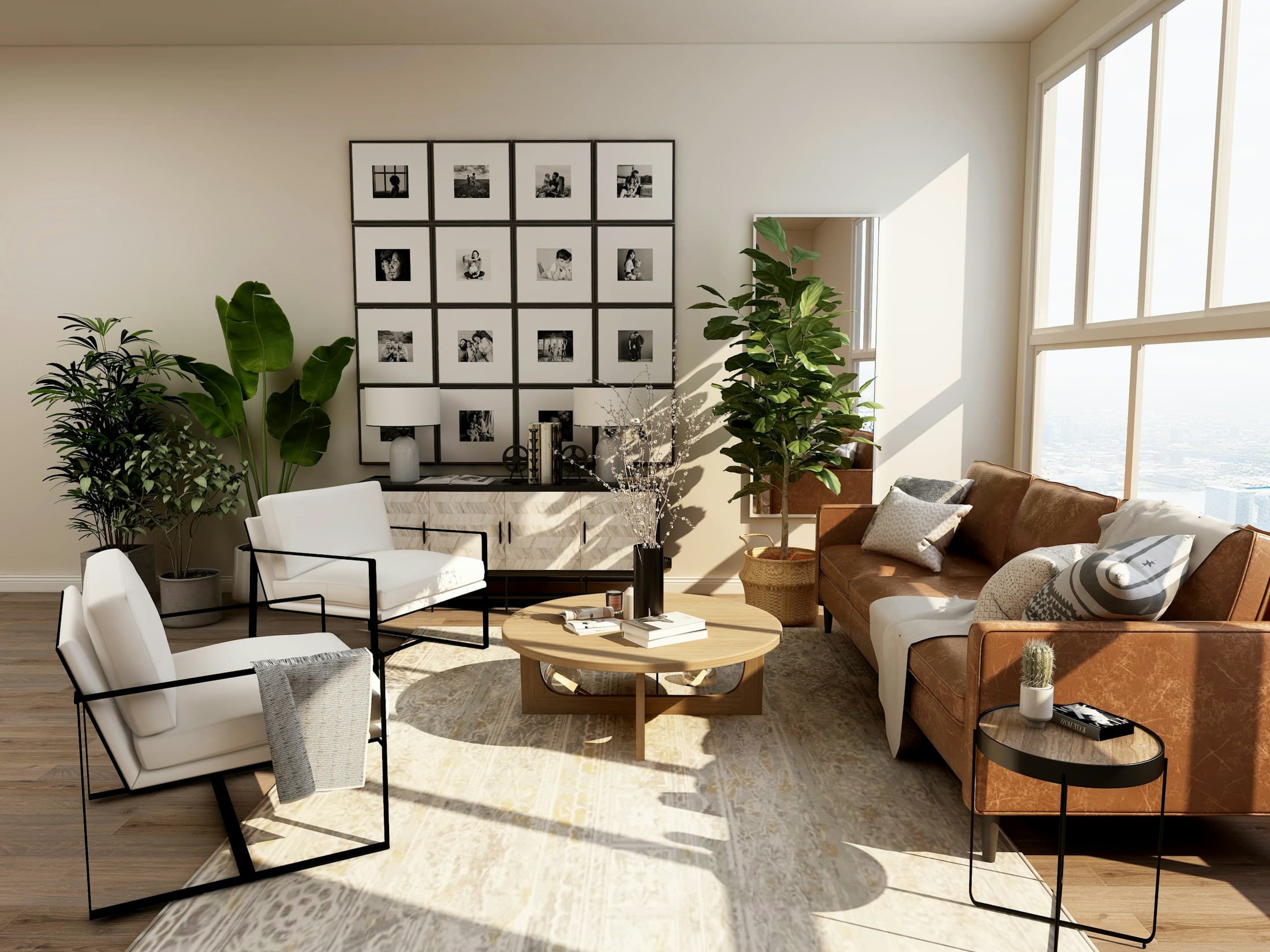 Wohnzimmer mit Sitzgruppe, Pflanzen und persönlicher Bilderwand