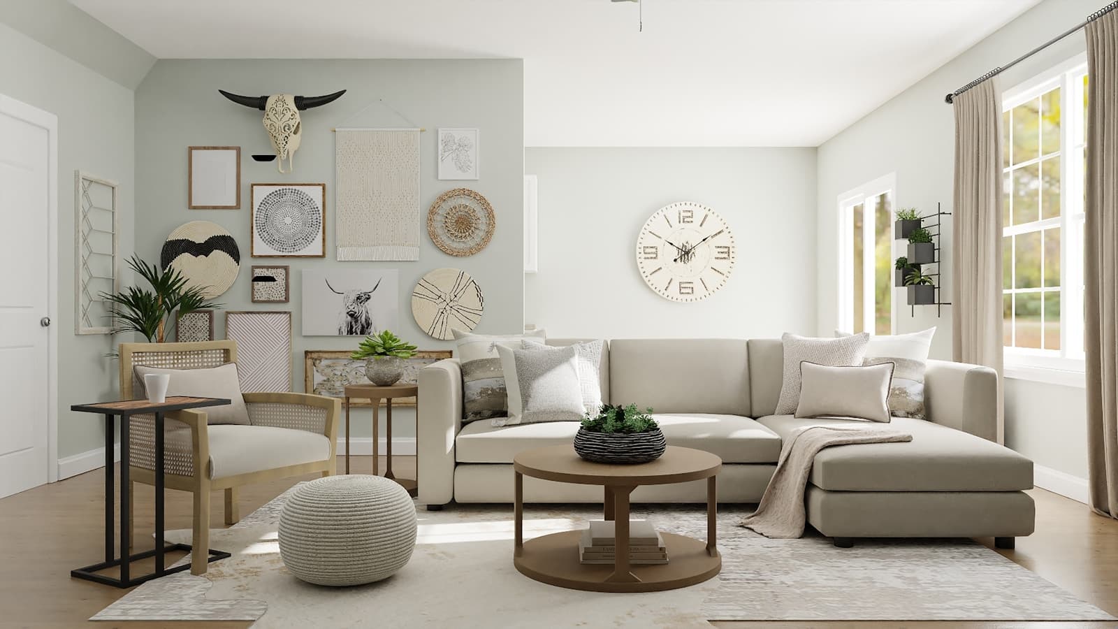 Heller Wohnraum mit beigefarbenem Sofa und rundem Couchtisch